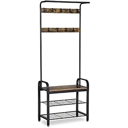 VASAGLE Porte-Manteau Vintage, Vestiaire, Meuble d'entrée avec Étagère à Chaussures à 3 Niveaux, Stable, Armature métallique Rigide, Marron Rustique HSR40B