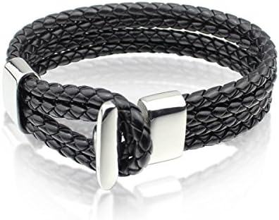 LZHM New Fashion Circle Leather Bracelet Wristband Unisex Hand Woven Bracelet Tribal Braided Rope Stainless Steel Accessory Black
