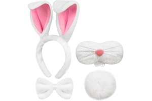 WEINIBAO Ensemble Bandeau Oreilles de Lapin en Peluche, Accessoires Déguisement Lapin avec Serre Tête Oreille de Lapin, Cravate Lapin, Queue de Lapin, Nez de Lapin, Oreilles de Lapin Serre Tete Adulte Enfant