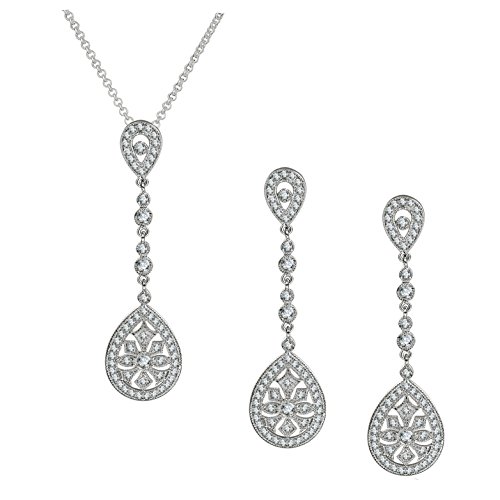 SELOVO Bridal Art Deco Gatsby Inspired Pave Cubic Zirconia Dangle Earrings Necklace Set Clear