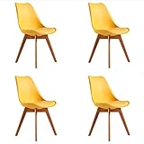 WV LeisureMaster Lot de 4 chaises de Cuisine en Bois, Rétro Tulip Rembourrée Chaise de Salle de Bureau Coussin en Faux Cuir,Jaune