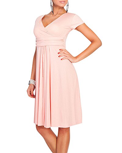 Moollyfox Mujer Vestido Estilo Jersey Corto Manga V-Cuello Plisado Vestido de Corte Imperio Pink XXL