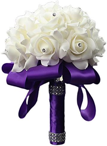 dingdangbell Wedding Flowers Bridal Bouque Handmade Rose Foam Crystal Diamante Bridesmaid Flower (Purple)