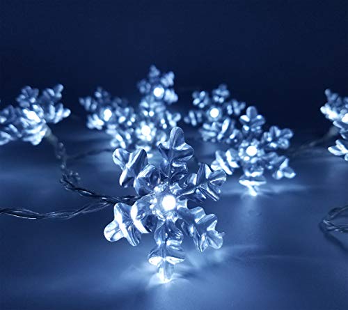 FluxTechSnowflake x 20 Cool White LED Lights by Santa’s Factory – Timer Function - Battery Operated
