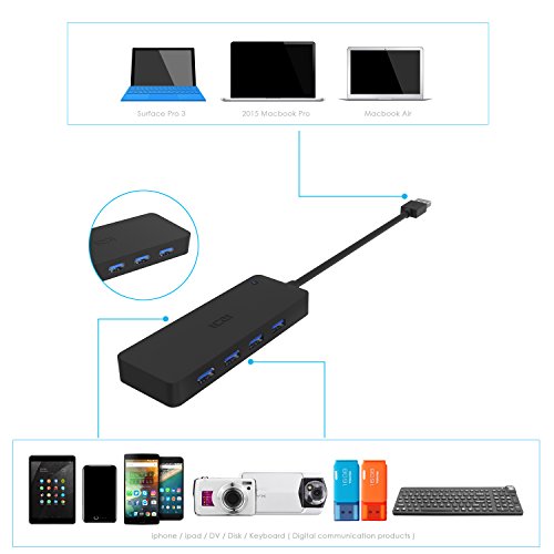 ICZI USB 3.0 HUB, 7x USB 3.0 Ports, vernickelt Stecker, schlank Entwurf mehr dünn, für Apple MacBook, Mac Mini, MacPro, Windows Laptops und Ultrabooks, sowie PCs und weiteren USB 3.0 kompatiblen Geräten (Schwarz) - 5