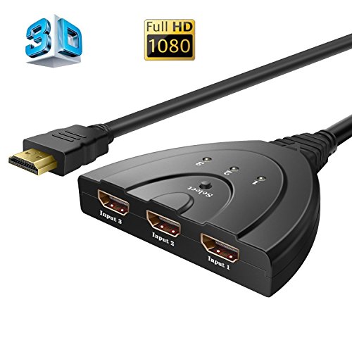 HDMI Switch, 3 Port HDMI Switche mit Pigtail HDMI-Kabel, vergoldete Stecker, 1080p & 3D-Unterstützung, HDMI Switcher Splitter für HDTV, PS3, XBOX ONE, 360, Bluray Player, DVD-Player etc.