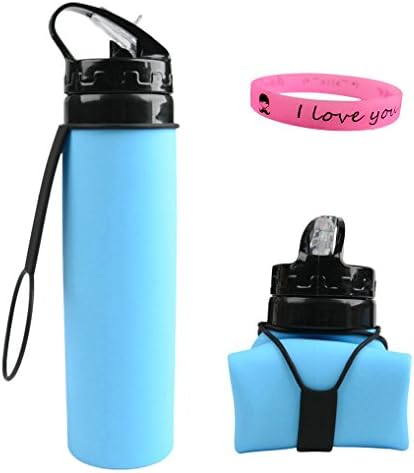 Zimingu Foldable Water Bottle Medical Silicone Water Bottle - BPA Free, 600ML / 21OZ FDA Tested Portable and leak-proof sports bottle for outdoor travel cycling hiking camping and picnic (Blue)