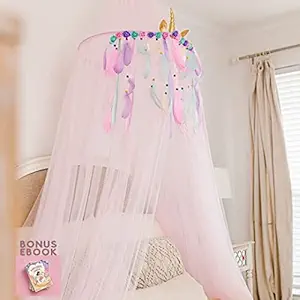 Jenn & Joos Unicorn Princess Pink Canopy for Girls Bed I Unicorn Princess Crib Canopy - Extra Large Dome with Two Layer of Long Soft and Breathable Chiffon Fabric I Reading Nook Canopy for Girls