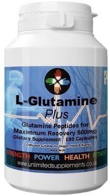 Unlimited Supplements L Glutamine PLUS 180 caps x 500mg capsules L Glutamine PEPTIDE 10 x Stronger. Suitable for vegan.