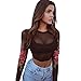 Produktbild FORH Damen Sommer Shirt Sexy Transparent Spitze Langarmshirt Elegant Rose Appliques SpitzeBluse Loose Rundhals Shirt Stretch Tunika Casual Vintage Hemd Oberteile Crop Top Clubwear (Schwarz, XL)