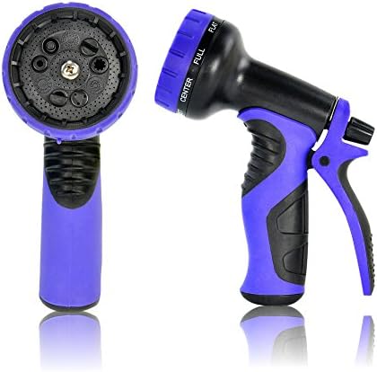 Top Rated Garden Hose Nozzle, Best hose nozzle with 9 settings. Perfect water hose nozzle for garden, washing cars and pets. Auto spray settings, control knob and soft grip handle (Blue)