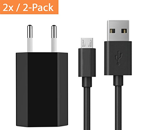 [2er-Pack] PhoneStar Micro USB Ladekabel Datenkabel 2 Meter inkl. 1A Netzteil für Android Smartphones Samsung, HTC, Sony, Nexus, Kindle, LG, etc. - schwarz