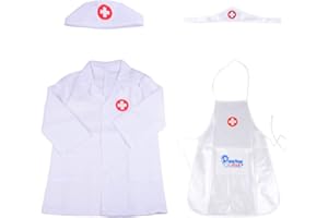 DAJASD 4PCS Costume da Medico per Bambini, Camicia Dottore Giocattoli Costume, Camice Laboratorio Bambino per Studenti, Cosplay, Giocattoli educativi Gioco (Grembiule da Infermiera + Cappello)