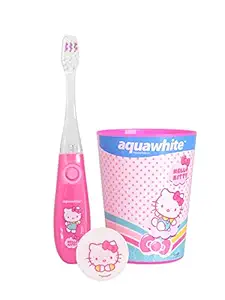 aquawhite Hello Kitty Flash Light Kids Toothbrush with Hygiene Cap & Rinsing Cup - Set of 3, (3+years) (Dark Pink) And FREE 2 Kids Toothpaste (Fluoride Free)