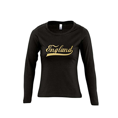 England Oldschool LÄNDERSHIRT EM / WM FAN Trikot – Damen Langarm Longsleeve T-Shirt S-XL , Deep black – gold , XL