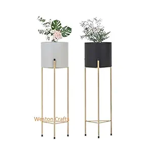 Weston Crafts Set of 2 Modern Plant Stand- Set with Tall Metal Stand, Decorative Standing Flower Succulent Pot Holder, Indoor Outdoor Home Decor Golden Stand, Black and Grey Pot