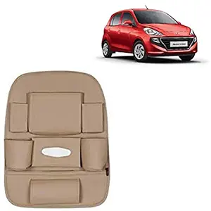 RD Universal PU Leather Car Auto Seat Back Organizer Multi Pocket Travel Storage Bag with Hangers, Tissue Paper and Bottle Holder-Beige Colour Compatible for Hyundai Santro