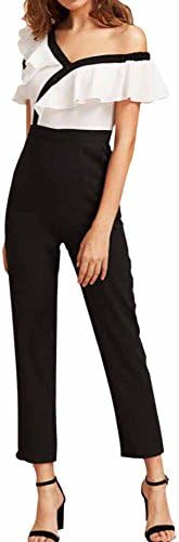 Women Jumpsuit , Sexy One Shoulder Ruffle Playsuits One Piece Wide Leg Long Pants Ladies Holiday Casual Evening Overall Clubwear Party Pants Romper Trousers Black White (Black, Size:M)