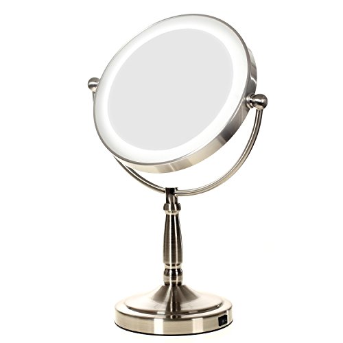 HIMRY® Slim LED Stand KosmetikSpiegel 8 Zoll 10x Vergrößerung, Batteriebetrieben oder mit EU-Stecker, beleuchtedte Standspiegel Kosmetikspiegel Tischspiegel, Make-Up, Rasieren, Badezimmer Spiegel, Spiegel 360 ° drehbar, doppelseitigen Standard und 10 Fach Vergrößerung, KXD3139-10x