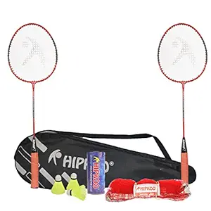Hipkoo Sports HR 16 Aluminum Badminton Complete Racquets Set | 2 Wide Body Racket, 3 Shuttlecocks and Net | Ideal for Beginner | Lightweight & Sturdy (Red, Set of 2)