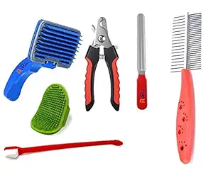 RvPaws 6 in 1 Dog Grooming Kit Bath Brush| | Toothbrush | Double Side Comb | Nail Cutter Small | Nail Grinder | Pet Spa Kit