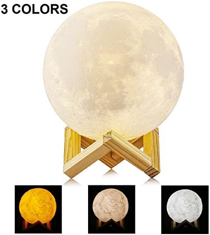 LED Moon Lamp, MAVIE 15cm 3D Printing Moon Light Rechargeable USB Night Light Table Desk Lamp 3 Colors Changing Touch Control Dimmable Novelty Light for Kids, Bedroom, Decoration