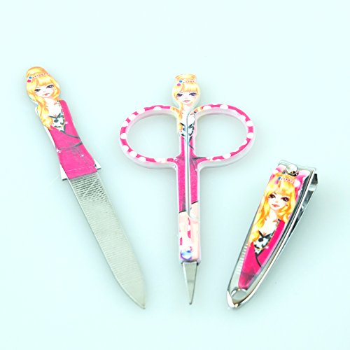 Bid Buy Direct® Girl's Manicure Set | 3Pc Nail Grooming Kit | Beautiful Printed Designs Includes Scissors, Nail Filer, Nail Clipper (Pink)
