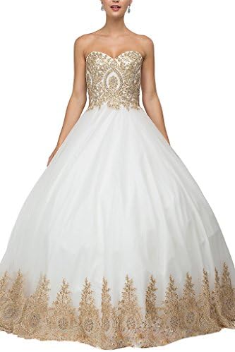 Dearta Women's Ball Gown Sweetheart Prom Quinceanera Dresses Gowns White UK 16
