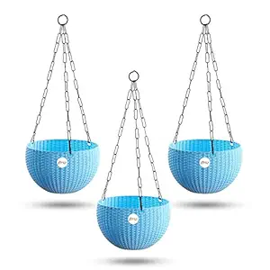 Kraft Seeds Hanging Planter Euro Elegance Round Solid Look and Feel Pots for Home & Balcony Garden 17.5cm Diameter (Pack of 3) Blue