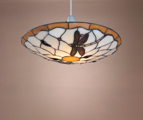 Tiffany Style Stained Glass Metal Dragonfly Uplighter Ceiling Light Shade, 36cm - Brown