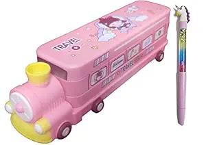 SHREE TECHNESH Unique Metal Train Pencil Box with Sparkling Water Gel Pen for School Girls (Pink)