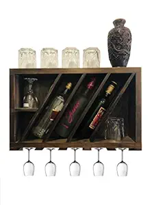METRENO Antique Style Handcrafted Pine Wooden Wall Mounted Wine Rack-Hanging Mini Bar Cabinets for Home & Kitchen/Bar/Restaurant(Antique Wood Smoked Grey)