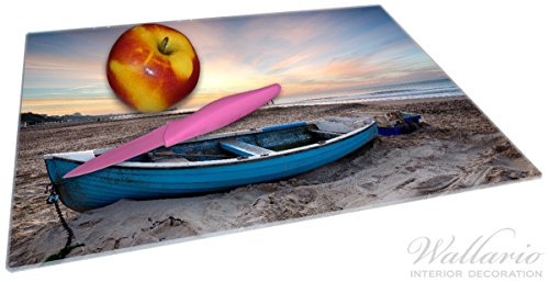 Stilvolle Glasunterlage / Schneidebrett aus Glas, Fischerboot am Strand bei Sonnenuntergang, Größe 30 x 40 cm, kratzfest, aus Sicherheitsglas - 2