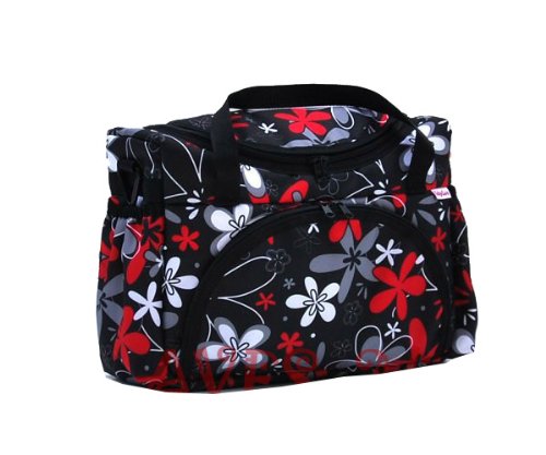 Preisvergleich Produktbild BABYLUX Wickeltasche Kinderwagentasche Schwarz + Rote Flowers #20 mit Wickelunterlage