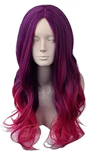 Womens Fiber Long Wavy Cosplay Costume Wig Two Tone Purple Red Gradient Ombre