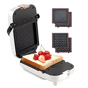 VCJ Mini Sandwich maker, 2 in 1 Waffle Maker Panini Press Grill with Detachable Non-stick Plates, Adjustable Timer (White)