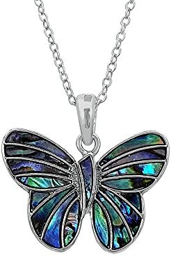 Kiara Jewellery Butterfly Pendant Necklace Inlaid With Natural Greenish Blue Paua Abalone Shell on 18" Trace Chain. Non Tarnish Silver Colour Rhodium plated.