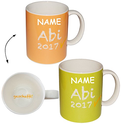 Kaffeetasse - " Abi 2017 - Innendruck: geschafft ! " - ORANGE / GRÜN - groß - 380 ml - Porzellan / Keramik - Abitur - Henkeltasse / Teetasse - Trinktasse mit Henkel - bestandene Prüfung Gymnasium - Tasse Becher - Porzellantasse - Tassen / Kaffeetassen - Henkeltassen - Keramiktasse lustig Schule - Abiturient / Abiturientin - Hochschule Student - Universität