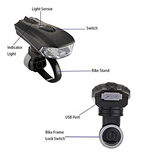 LED Fahradbeleuchtung,CAMTOA 400 Lumen Sensoren LED Fahrradlampe 5 Licht Modi, 2 USB-Kabel Wiederaufladbare wasserdicht IPX6 Fahrradlampe,Superhelle Fahrrad Frontlicht Fahrradlampensets Frontlicht LED Rücklicht für Radfahren,Bergfahrrad - 5