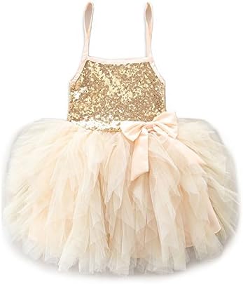 SCFEL Baby Girl Kids Sequins Tutu Dress Girls Birthday Recital Lace Spaghetti Straps Princess Skirt (6-7 Years, Gold)