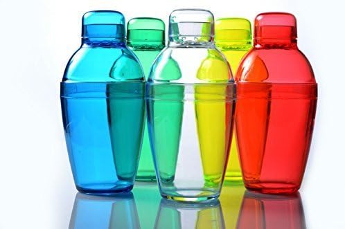 Fineline 14 oz Plastic Cocktail / Bar Shaker, SET of 5 Assorted Colors w/ FDL Party Picks by Quenchers