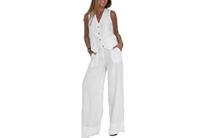 SUYUKU Conjunto Casual de 2 Piezas de Lino y algodón para Mujer, Chaleco Suelto sin Mangas, Pantalones de Pierna Ancha, cómodos Trajes de Verano, Blazer de Negocios, Ropa de Descanso