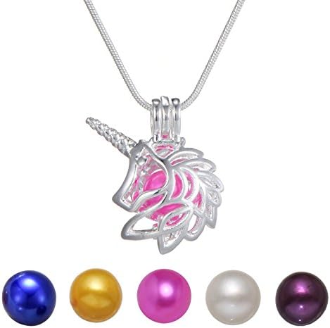 Unicorn Wish Love Locket Pearl Cage 925 Silver Tone Necklace Pendant Freshwater Cultured Pearl Beads Gift Charms Chain 17.7"