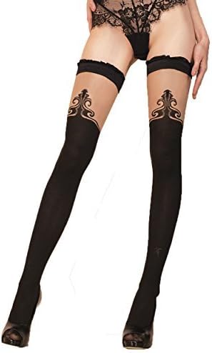 Sexy Black Skin graceful pair hold ups dainty swirl pattern at top thigh front single bold line 20 denier 428 Plus Size S/M L/XL UK (L/XL)