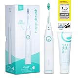 Contenido: cepillo de dientes sónico eléctrico recargable V3 con temporizador (1x pieza de mano Sonic blanco, 1x cabezal del cepillo), 1x cargador magnético + cable USB plano para la carga USB, 1x enchufe, 1x pasta de dientes SuperWhite GRATUITA para el blanqueamiento dental natural