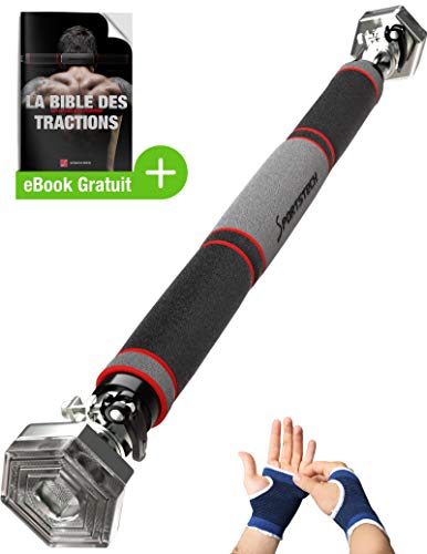 Sportstech Barre de Traction pour Porte avec Fixation hexagonale KS200 3 Couches de Rembourrage, Levier de Serrage, 6 Points de Pression, Gants Inclus, Cadre de Porte 65 - 103cm