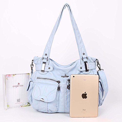 Angelkiss 2 Top Zippers Multi Pockets Handbags Washed Leather Purses Shoulder Bags 5739/1 (Blue 2)
