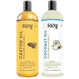 Rey Naturals Cold-Pressed, 100% Pure Castor Oil & Coconut Oil Combo - Moisturizing & Healing, For Skin, Hair Care, Eyelashes (200 ml + 200 ml)
