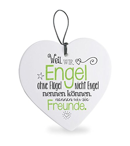 Deko Anhänger Herz Herzchen 15 cm aus Keramik weiß, Kachel Fliese mit Spruch Romantik Weißheit Liebe Glück, Herzanhänger Wandschild Freunde