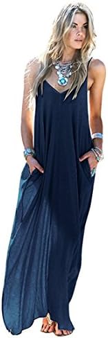 SANNU Women's V - Neck Strappy Casual Loose Boho Chiffon Pocket Long Maxi Beach Dresses (Medium, Navy Blue)